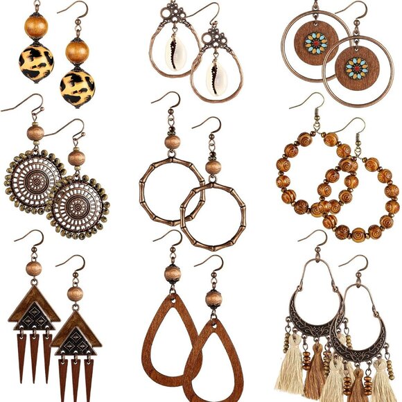Boho Wood Earrings Sterling Silver Dangle Jewelry for Women 9 Pairs - Picture 1 of 7